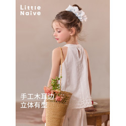 Little Naive兒童法式掛脖上衣夏款白色鏤空刺綉背心女童無袖T恤