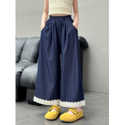 女童天絲牛仔褲薄款2025夏季新款大童蕾絲拼接九分褲子兒童濶腿褲