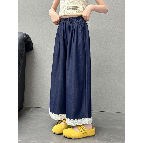 女童天絲牛仔褲薄款2025夏季新款大童蕾絲拼接九分褲子兒童濶腿褲