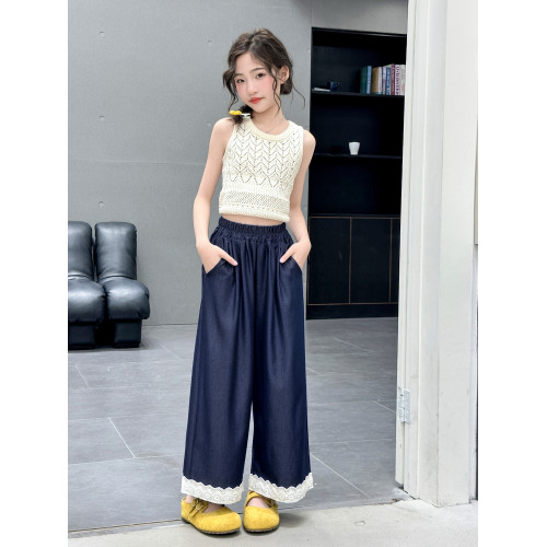 女童天絲牛仔褲薄款2025夏季新款大童蕾絲拼接九分褲子兒童濶腿褲