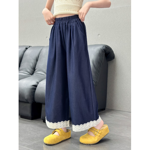 女童天絲牛仔褲薄款2025夏季新款大童蕾絲拼接九分褲子兒童濶腿褲