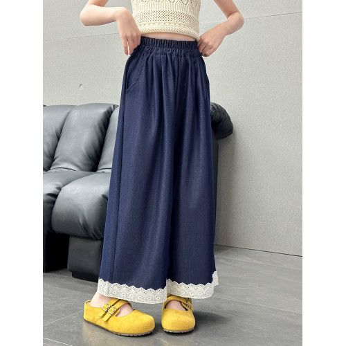 女童天絲牛仔褲薄款2025夏季新款大童蕾絲拼接九分褲子兒童濶腿褲