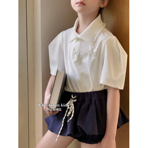 甜美女孩蕾絲花邊領Polo衫2025新款洋氣女童夏裝短袖T恤泡泡上衣