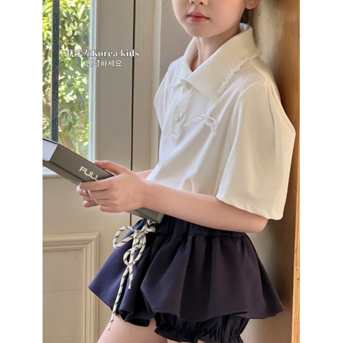 甜美女孩蕾絲花邊領Polo衫2025新款洋氣女童夏裝短袖T恤泡泡上衣