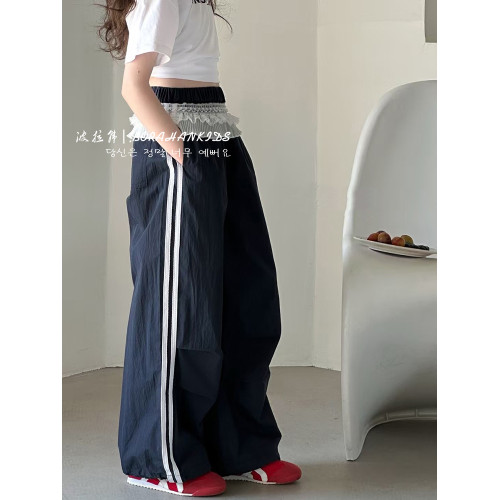 波拉韓女童蕾絲拼接工裝褲夏季防蚊褲2025新款兒童洋氣直筒褲長褲