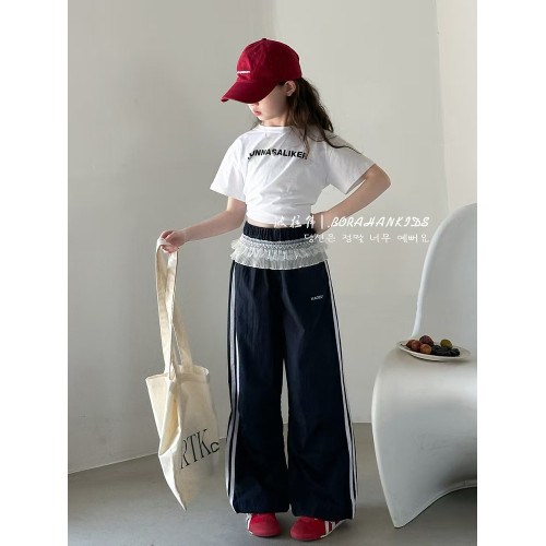 波拉韓女童蕾絲拼接工裝褲夏季防蚊褲2025新款兒童洋氣直筒褲長褲