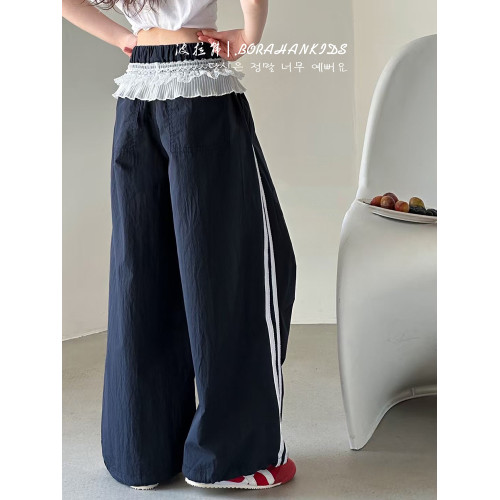 波拉韓女童蕾絲拼接工裝褲夏季防蚊褲2025新款兒童洋氣直筒褲長褲