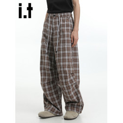 it :5cm/FIVECM男女休閒格子濶腿褲2025新款直筒褲夏季薄款長褲