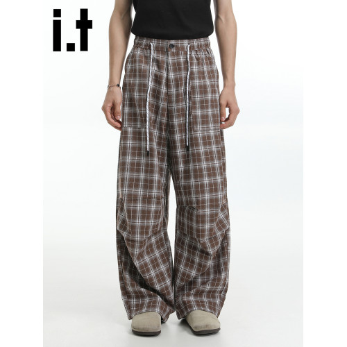 it :5cm/FIVECM男女休閒格子濶腿褲2025新款直筒褲夏季薄款長褲