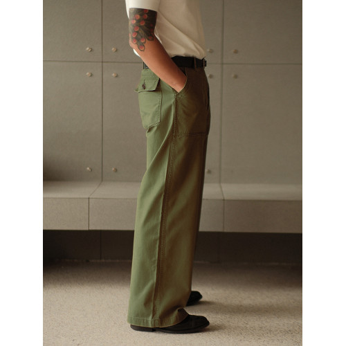 緞紋330G純棉OG107橄欖綠705M寬松高腰工裝濶腿褲 MBBCAR窄幅