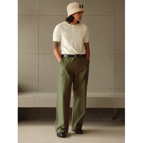緞紋330G純棉OG107橄欖綠705M寬松高腰工裝濶腿褲 MBBCAR窄幅