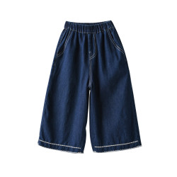 40支水洗軟牛仔 兒童花邊濶腿七分褲 女童夏日小褲子 中大童 童裝