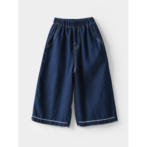 40支水洗軟牛仔 兒童花邊濶腿七分褲 女童夏日小褲子 中大童 童裝