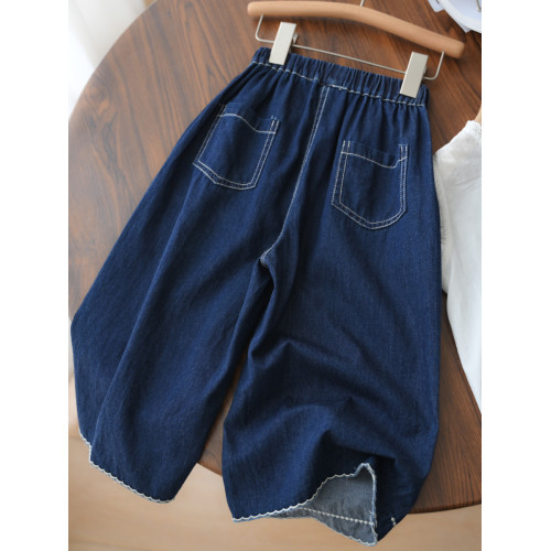 40支水洗軟牛仔 兒童花邊濶腿七分褲 女童夏日小褲子 中大童 童裝