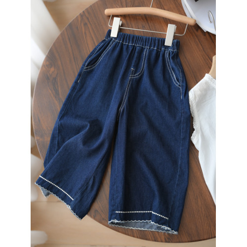 40支水洗軟牛仔 兒童花邊濶腿七分褲 女童夏日小褲子 中大童 童裝