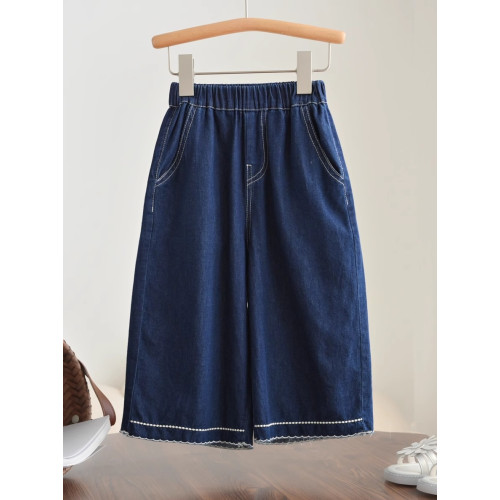 40支水洗軟牛仔 兒童花邊濶腿七分褲 女童夏日小褲子 中大童 童裝