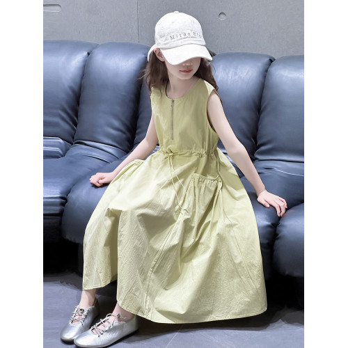 女童連衣裙2025夏季新款洋氣時髦網紅純棉半拉鍊無袖連衣裙中大童