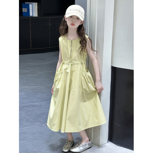 女童連衣裙2025夏季新款洋氣時髦網紅純棉半拉鍊無袖連衣裙中大童