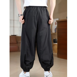 新中式男裝束腳冰絲褲子垂感速乾哈倫褲寬松大碼風運動濶腿褲