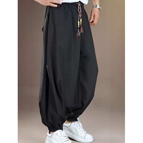 新中式男裝束腳冰絲褲子垂感速乾哈倫褲寬松大碼風運動濶腿褲