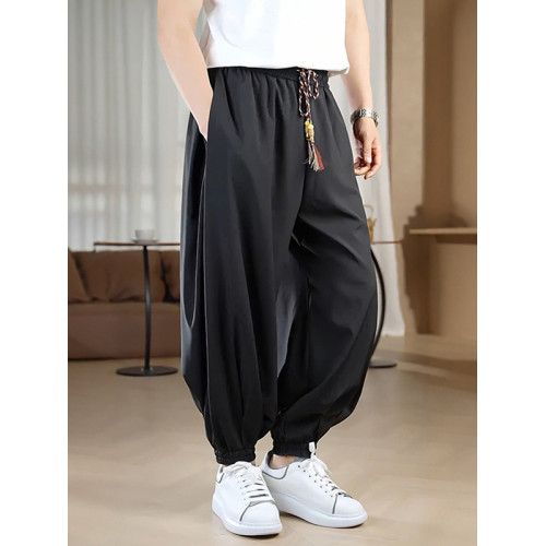 新中式男裝束腳冰絲褲子垂感速乾哈倫褲寬松大碼風運動濶腿褲