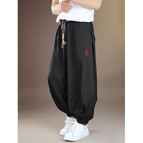 新中式男裝束腳冰絲褲子垂感速乾哈倫褲寬松大碼風運動濶腿褲