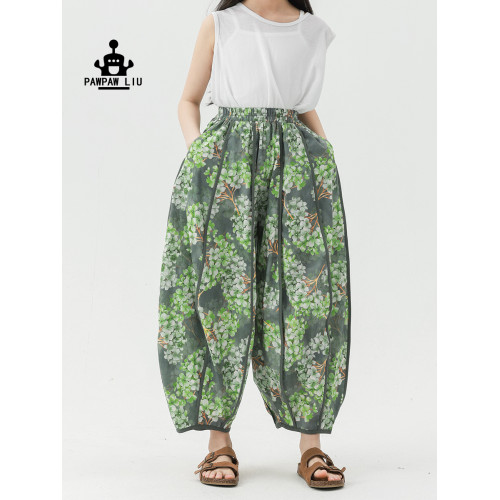 Pawpaw liu原創設計女童褲子夏薄款2025新款兒童綠花多瓣褲燈籠褲