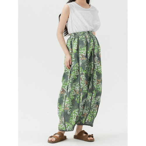 Pawpaw liu原創設計女童褲子夏薄款2025新款兒童綠花多瓣褲燈籠褲