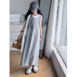 女童夏季連衣裙兒童假兩件長款背心吊帶裙女孩慵懶風修身無袖裙子