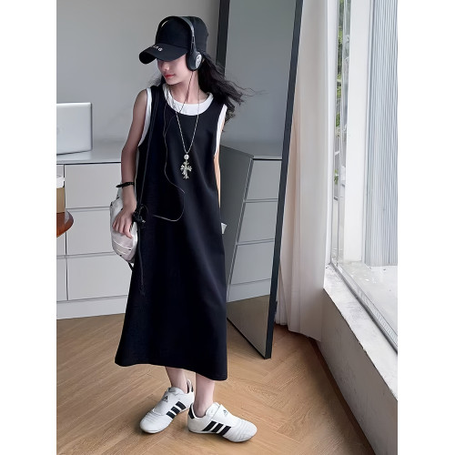 女童夏季連衣裙兒童假兩件長款背心吊帶裙女孩慵懶風修身無袖裙子