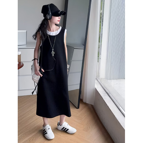 女童夏季連衣裙兒童假兩件長款背心吊帶裙女孩慵懶風修身無袖裙子