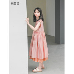 蔡爸爸童裝撞色原創設計粉色背心連衣裙 天蠶絲女童裙夏薄款769