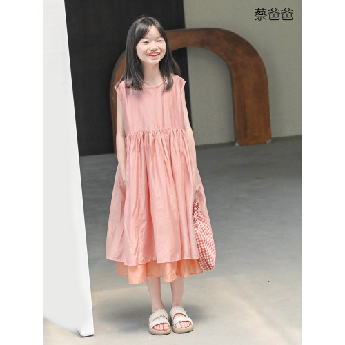 蔡爸爸童裝撞色原創設計粉色背心連衣裙 天蠶絲女童裙夏薄款769
