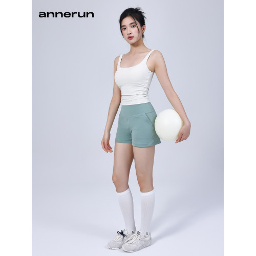 annerun裸感瑜伽短褲高腰修身運動褲休閒短款設計感帶口袋瑜伽褲
