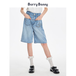 BarryBanny女童萊賽爾牛仔短褲2025夏季兒童濶腿褲寬松五分褲子
