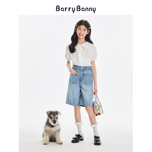 BarryBanny女童萊賽爾牛仔短褲2025夏季兒童濶腿褲寬松五分褲子
