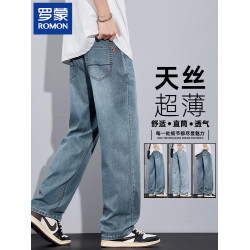 羅矇2025新款夏季天絲牛仔褲男寬松直筒薄款透氣簡約百搭濶腿褲