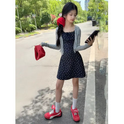 女童夏季時尚甜美法式修身碎花吊帶連衣裙防曬針織開衫氣質套裝潮
