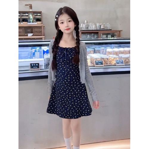 女童夏季時尚甜美法式修身碎花吊帶連衣裙防曬針織開衫氣質套裝潮