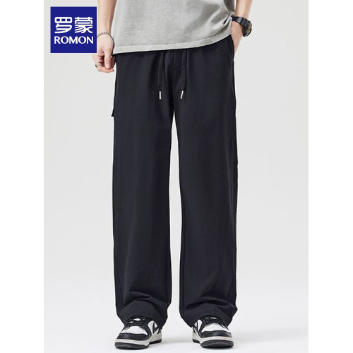 羅矇冰絲休閒褲男士2025夏季薄款垂感濶腿褲寬松直筒運動長褲子男