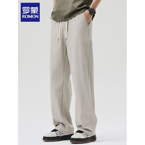 羅矇冰絲休閒褲男士2025夏季薄款垂感濶腿褲寬松直筒運動長褲子男