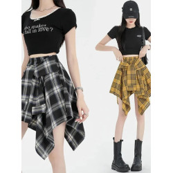 女童半身裙2025新款夏季青少女不規則格子半身裙洋氣松緊腰短裙子