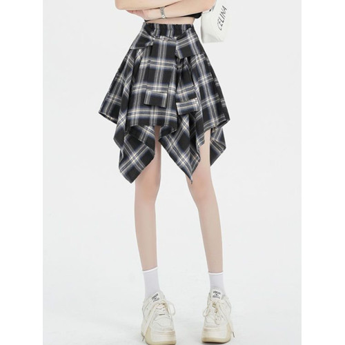 女童半身裙2025新款夏季青少女不規則格子半身裙洋氣松緊腰短裙子