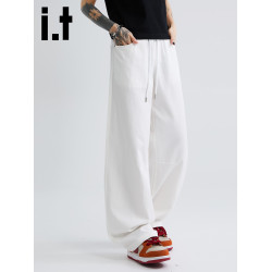 it :5cm/FIVECM白色薄款松緊腰簡約休閒濶腿褲男女2025夏寬松長褲