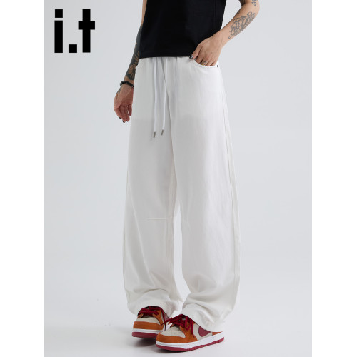 it :5cm/FIVECM白色薄款松緊腰簡約休閒濶腿褲男女2025夏寬松長褲