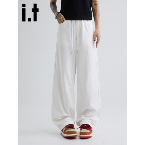 it :5cm/FIVECM白色薄款松緊腰簡約休閒濶腿褲男女2025夏寬松長褲