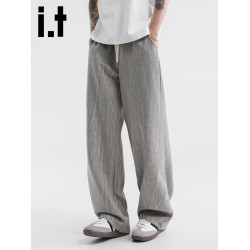 it :5cm/FIVECM灰色裂紋松緊腰抽繩休閒濶腿褲男款2025秋寬松長褲