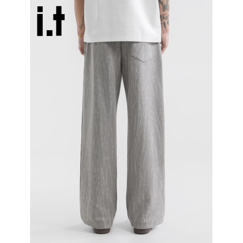 it :5cm/FIVECM灰色裂紋松緊腰抽繩休閒濶腿褲男款2025秋寬松長褲