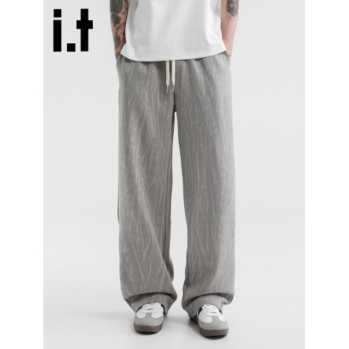 it :5cm/FIVECM灰色裂紋松緊腰抽繩休閒濶腿褲男款2025秋寬松長褲