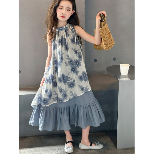 女童夏季掛脖連衣裙2025新款絕美花朵吊帶裙子兒童背心公主裙薄款